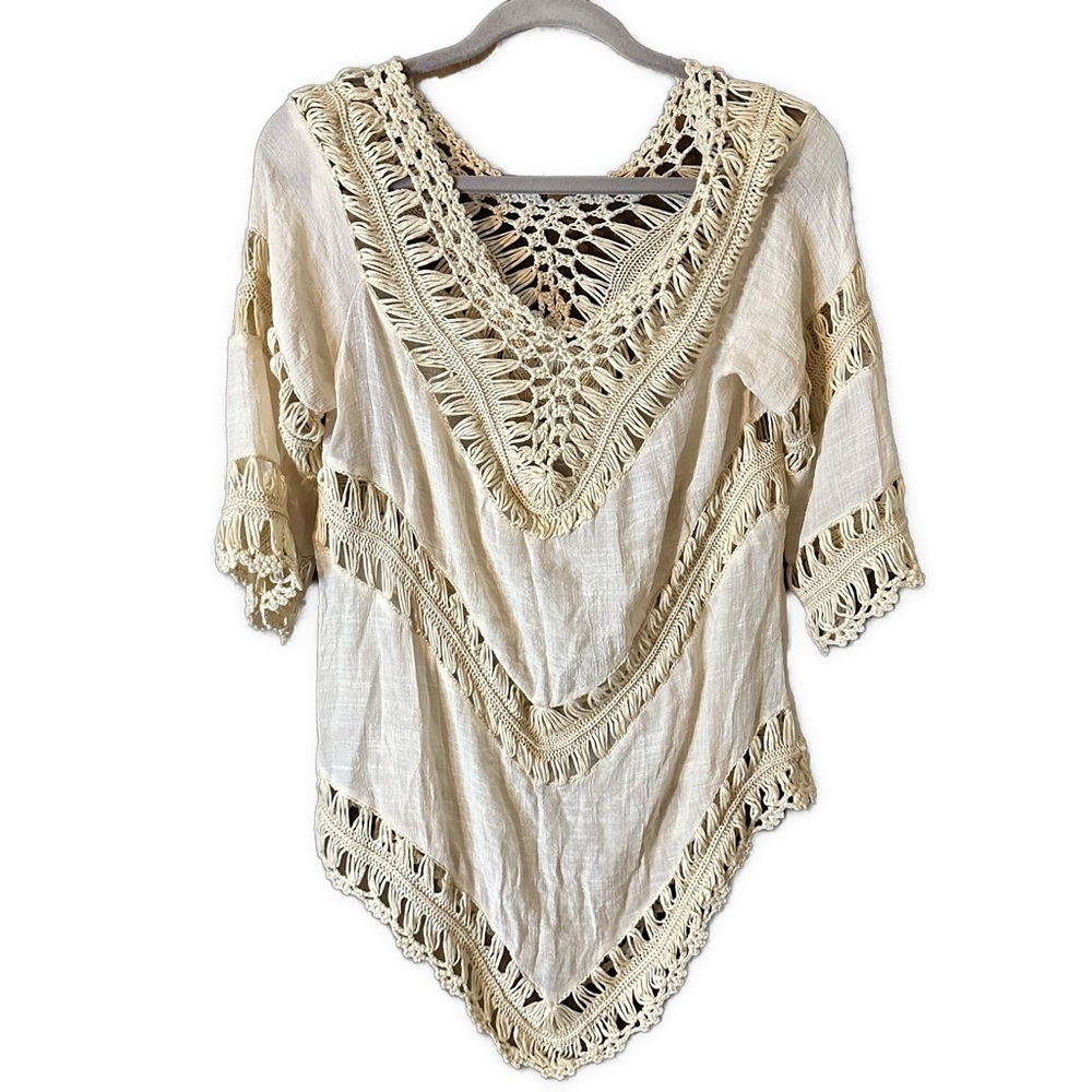 Cherish Women’s Boho 3/4 Sleeve Crochet Tunic Top Off White Cream Size M NWT